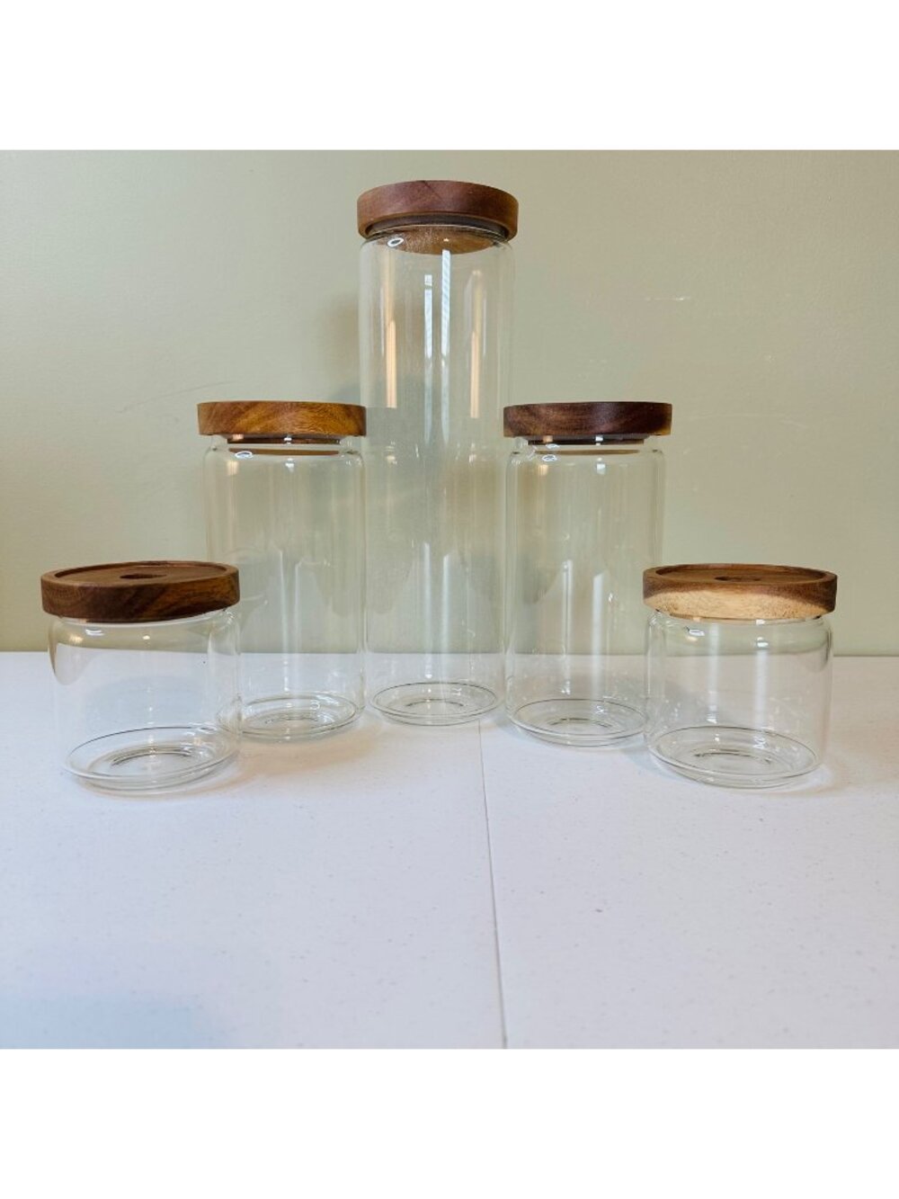 Glass storage jars with wood lids silicone seal set of 5 kitchen canisters